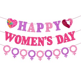 Happy Women’s Day Banner, Glitter Women's History Month Party Decorations Feminist Party Bunting Decor Supplies