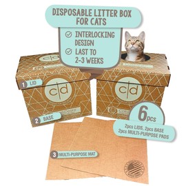 Cats Desire Litter Box - Disposable Litter Box Pack (6 pcs) - Top/Low Entry - Includes 2 lids, 2 Bases and 2 Multipurpose Pads - Partially Recycled Cardboard, 17" L x 17" W x 15.25" H