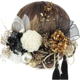 ANJOU Japanese Hair Ornament, Coming-of-Age Ceremony, Hair Ornament, Dahlia, Artificial Flowers, Japanese Ball, Red Hair Accessory, Gold, Mizuhiki, Head Parts, Hydrangea Net Decoration, Ribbon,
