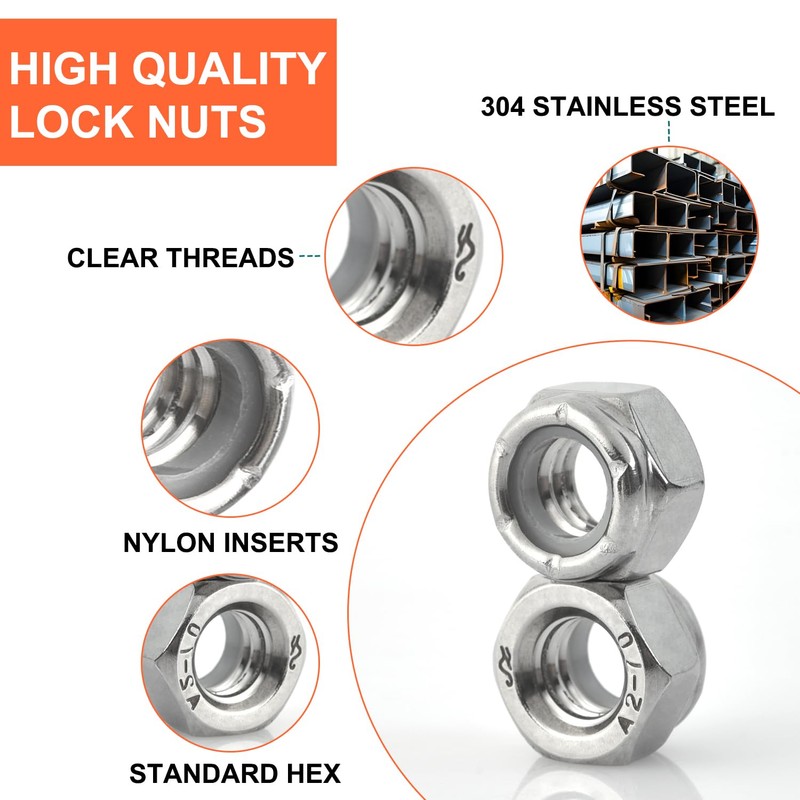 5/16-18 Lock Nuts - Nylon Insert Hex Locknuts,304 Stainless Steel,Plain