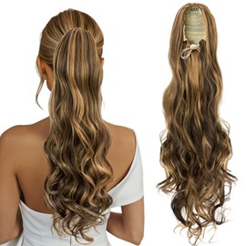TESS Wavy Ponytail Extension, Drawstring Clip in Ponytail Hair Extensions, Long Hair Extensions, 24 Inches 160g, Black Brown With Golden Brown