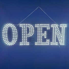 Open Sign - Ultra-Bright LEDs, White Light, Chain-Mounted, 30 x 10 inches, Sign for Storefronts