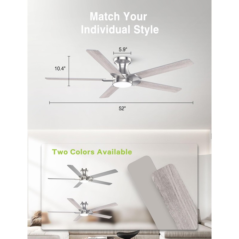 DAMINY 52 inch Nickel Ceiling Fans with Lights,5 Blades,6CCT, Low