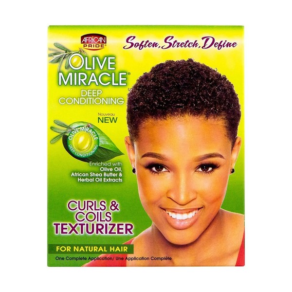 African Pride Olive Miracle Curls & Coils Texturizer - Contains Aloe Vera, Castor Oil & Biotin to Condition & Define Hair, Protect, 1 Kit