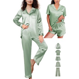 WJing Yi Jia Womens 5Pcs Silk Pajamas Set XS-2XL Satin Pajama Sets Silky Sleepwear Pjs Loungewear Button Down Pj Nightwear