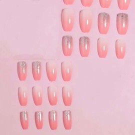 Coffin Press on Nails Medium Fake Nails Pink Gradient with Glitter Design Ombre Ballerina False Nails Glossy Glue on Nails Reusable Full Cover Artificial Acrylic Nails for Women Girls Manicure 24Pcs