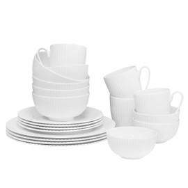 QOUTIQUE Bone China Dinnerware, 20PC Set, Service for 4, White Embossed, stripe, Microwave Safe, Translucent, Elegant giftware, Dish set, Essential Home, Kitchen Dishes, Dinner Set