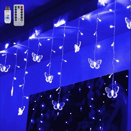 Butterfly Curtain Lights 60 LED 13.1FT USB Powered 8 Modes Remote Window Curtain Lights with 12 Butterflies Waterproof Twinkle Lights for Bedroom Christmas Holiday Party Decoration (Blue)