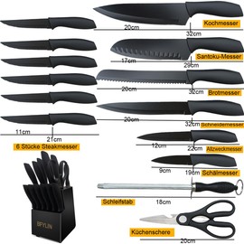Knife Set, 15 Pieces Kitchen Knife Set with Block, High Carbon Stainless Steel Knife Set,Chef Knife Set,Chef Knife,Steak Knives, Black Titanium Knife Set (15 Pieces Set)