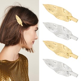 CURASA Leaf Hair Clips For Women Girls 4PCS Leaf-shaped Alligator Hairclips Gold Sliver Metal Barrettes Toga Party Greek Goddess Costume Vintage Bobby Pins Hair Decorations Bridal Leaves Accessories