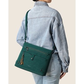 FADEON Large Crossbody Bag for Women Crossbody Purse, Leather Cross Body Purses Multi Pocket Roomy Shoulder Bag Suede Green