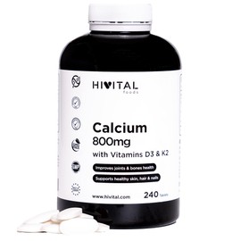 Calcium 800 mg with Vitamin D3 and K2, 240 Tablets for 4 Months, Organic Calcium Carbonate with Vitamins K2 MK7 and D3 to Improve the Health of Bones, Joints, Skin, Hair and Nails