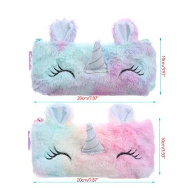 JIANGLAI Unicorn Pencil Case for Girls, Plush Unicorn Zipper Pen Pouch, Large Capacity Cute Makeup Bag, Girls Cosmetic Pouch Bag Stationery Pouch for Gift, School Home Use (Purple)