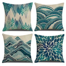 Umimiss Teal Cushion Covers Set of 4 - Cushion Covers,Teal Cushion Covers 45 X 45,Summer Decorative Couch Cotton Linenpillow Cases Square Cushion Covers for Sofa Livingroom Bed Cushions Cases Bedroom