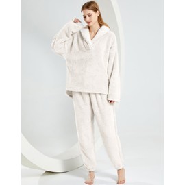 Gihuo Women' s Fluffy Pajamas Set Fleece Pullover Pants Loose Plush Sleepwear 2 Piece Pjs Set Warm Loungewear Fuzzy(Beige-Large)