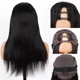 Orientfashion U Part Straight Wig 14-28inch 150% Density Full Head U Shape Clip in Wigs Deep Curly Half Wig Human Hair Wigs For Black Women (Staight 1B, 18inch)