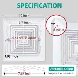 12x12 Bathroom Exhaust Fan Cover with Springs, Replacement Vent Cover for Wall-Mounted Exhaust Fan, Plastic Ventilation Hood and Ceiling Air Diffuser Square (31Wx31L(cm) -white