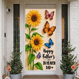 Happy Father's Day Door Cover Memorial Father's Day Commemorate Dad in Heaven Door Banner Sunflower IN HEAVEN DAD Decorations Backdrop Sign Decor for Men Funeral Home Indoor Outdoor Supplies