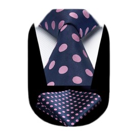 HISDERN Navy Blue Ties for Men Pink Polka Dot Tie and Pocket Square Formal Business Classic Silk Necktie Handkerchief Set Wedding Party Mens Ties