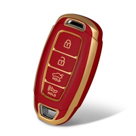 WORCAS Soft TPU Key Fob Cover Case Compatible with Palisade Elantra GT Accent Kona Santa Fe Veloster-4 Button(Gold-Red)