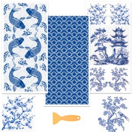WEBEEDY 3 Pcs Chinoiserie Decoupage Furniture Transfer Stickers Vintage Chinese Blue and White Wall Decor,5.9x11.8Inch Wall Murals Peel and Stick Wallpaper with Scraper,Window Wall Art for Home Decor