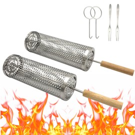 2Pcs Grilling Basket, Round Hole Rolling Grilling Baskets for Outdoor Grill and Portable Grill Nets Cylinder Design with Reinforced Locking Clasp Perfect for Barbecue and Grilling Enthusiasts