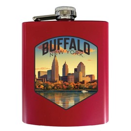 R and R Imports Buffalo New York Autumn Cityscape Design Souvenir 7 oz Steel Flask Matte Finish Red Single