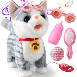 Gray Walking Cat Set Interactive Toy Cat for Girl Repeat What You Say Toy Kitten Talking Singing Dancing Touch Control Robot Cat Toy for Kid with Leash Wagging Tail Nodding Plush Electric Kitty