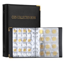 20 Pages / 360 Pockets Coin Collection Book, 3 x 3 cm and 4 x 4 cm Coin Collection Album with Leather Cover, Durable Coin Storage Coin Sheets for Collectors, All Coins (Black)