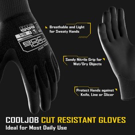 COOLJOB A3 Cut Resistant Safety Work Gloves for Men and Women, Black Nitrile Rubber Fishing Gloves, Knife Proof, Touchscreen, Extra Hand Protection for Carving, 3 Pairs Small