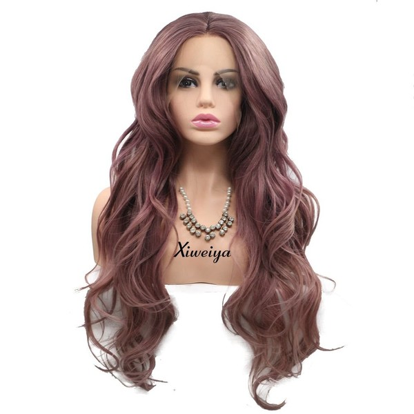Xiweiya Long Curly Lace Front Wig Smoke Pink Hair Mixed Color Purple Synthetic Lace Front Wigs Heat Resistant Glueless Wavy Wig Hand Tied Wigs