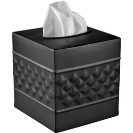 Monarch Abode Handcrafted Tissue Box Square Cover Holder and Dispenser, Geometric Embossed, Metal Dresser Accessories for Office Bathroom Decor Vanity, Decorative Tissue Box (Black)