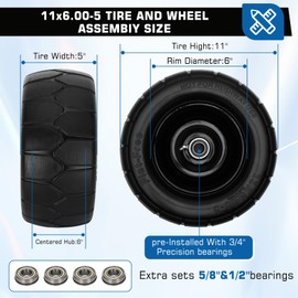 11x6.00-5 Flat Free Tire,2 Pack 11x6.00-5 Tires for Zero Turn Mower With 3/4 & 5/8" or 1/2” Bearing,6"-8" Centered Hub,11x6-5 Lawn Mower Tires Flat Free,Load 400lbs