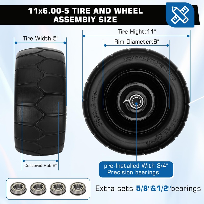 11x6.00-5 Flat Free Tire,2 Pack 11x6.00-5 Tires for Zero Turn
