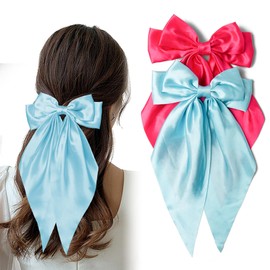 Hair Bows 2 PCS Large Long Tail Bow Hair Clips Satin Silky Ribbon Bow for Hair Ponytail Holder French Coquette Hair Barrettes Daily Accessories Gifts for Women Girls (Rose Red,Sky Blue)