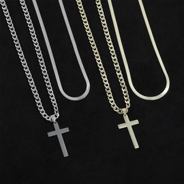 JUNVirtuous Cross Necklace for Men,Layered Cross Chains for Men Silver/Gold Stainless Steel Cuban Link and Snake Chain Necklace Set Jewelry Gifts for Men (18inch/20inch, Silver)