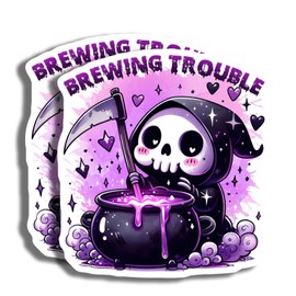 Printlabz Brewing Trouble Stickers - Grim Reaper Art - Purple, Vinyl, Cartoon Style - 2 Pack - 5" On Longest Side - Made in USA
