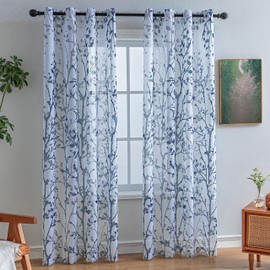 White Navy Blue Curtains 84 Inch Length 2 Panels Set, Semi Sheer Window Curtain Drapes for Living Room/Bedroom, Blue Nature Tree Branches Patterned Linen Textured Curtains, Grommet Top W52XL84