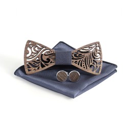 Cyriacus Wooden Bow Tie Set, Includes Papillon and Cufflinks, Square Neckerchief (3 Pieces), Unique Openwork Design, Suitable for Use in Multiple Scenes, darkblue