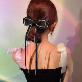 Elegant Rhinestones Hair Clip Big Bow Hairpins For Girls, Ribbon Long Tassel Rhinestone Headband Hair Clips Accessories Fashion Hair Accessories (Black, One size)