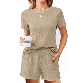 Ekouaer Pajamas Sets for Women Ribbed Knit Sleepwear Set Soft Short Sleeve Pjs with Pockets Casual Lounge Sets with Pockets Beige M