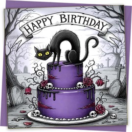 Gothic Birthday Card - Black Cat Birthday Card for Daughter Son Friend Sister Aunt Cousin - With Purple Envelope