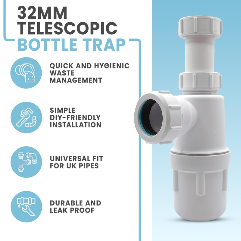 CranPlas | 32mm Telescopic Sink Trap 76mm Seal | Effortless