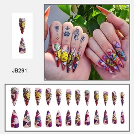 24Pcs Long Press on Nails Pointed Stiletto Fake Nails Colorful Sun Moon God Cloud Design Full Cover Glossy Acrylic Nails Almond Shape False Nails Reusable Artificial Glue on Nails for Women Manicure