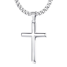 MILACOLATO 925 Sterling Silver Cross Necklace for Men Women, 5mm Durable Stainless Steel Diamond-Cut Cuban Link Curb Chain with Beveled Edge Sterling Silver Cross Pendant, Mens Silver Crucifix Cross Necklaces Jewelry 16 Inches