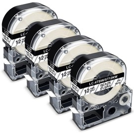 Pristar Compatible Label Tape Replacement for LC-4TBN LK-4TBN ST12KW 12mm 1/2 Inch Black on Clear Refills Label Tape Cartridge for Epson LabelWorks LW300 LW400 LW600P LW700 LW-900P Label Maker, 4-Pack