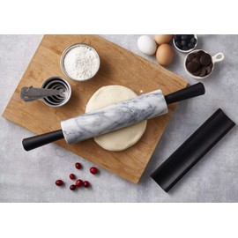 JEmarble Rolling Pin-Plastic Handles(White)(Premium Quality) Polished Surface 18-inch(10"Barrel) Genuine Stone Non-stick Save Effort Easy to Clean
