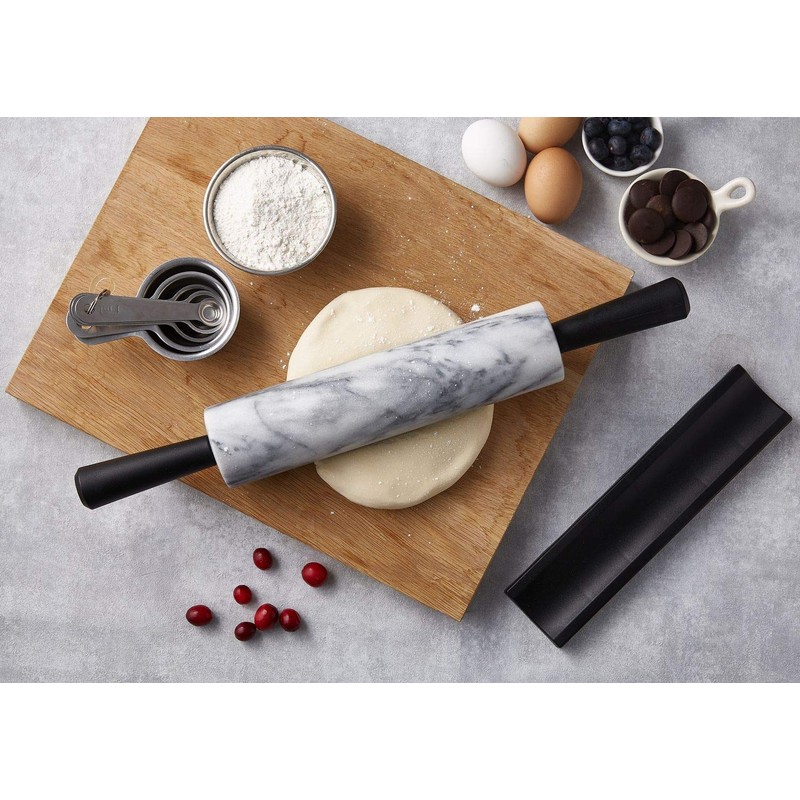 JEmarble Rolling Pin-Plastic Handles(White)(Premium Quality) Polished Surface 18-inch(10"Barrel) Genuine Stone