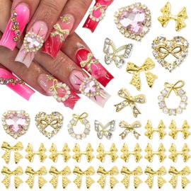 RODAKY 30PCS Gold Nail Charms 3D Butterfly Bow Nail Art Charms Multistyle Luxury Nail Jewelry Pink Crystal Rhinestone Heart Shape Nail Decoration for Acrylic Nails Manicure Design