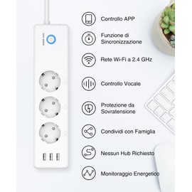 Smart WiFi-Steckdosenleiste mit 3 Steckern und 3 USB, App-Steuerung, für Alexa und Google Home, programmierbar mit Timer-Funktion, Verbrauchsüberwachung, 1,5 m, Weiß (P1)